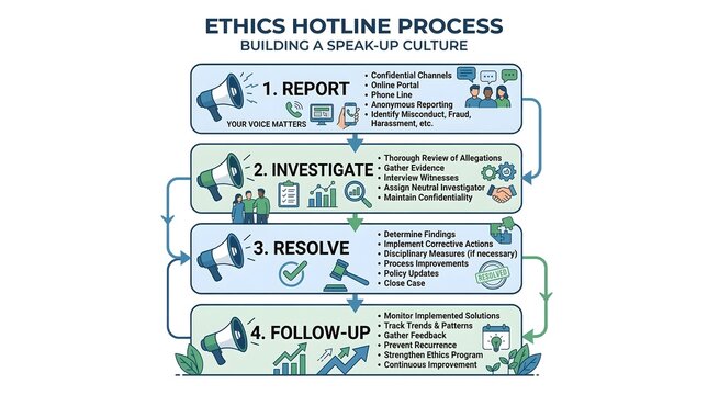 Ethics hotline process infographic for building a speak-up culture, corporate compliance reporting workflow, blue and green business ethics diagram