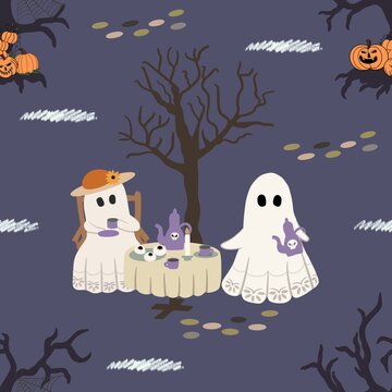 Cute Halloween seamless pattern featuring ghosts having a tea party under a dead tree