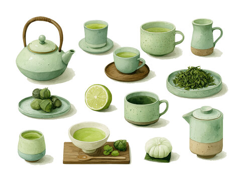  whimsical green tea  with mint watercolor clip art set, isolated on transparrant background