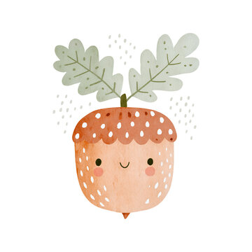 Cute Acorn Character with Oak Leaves illustration isolated on a transparent background 