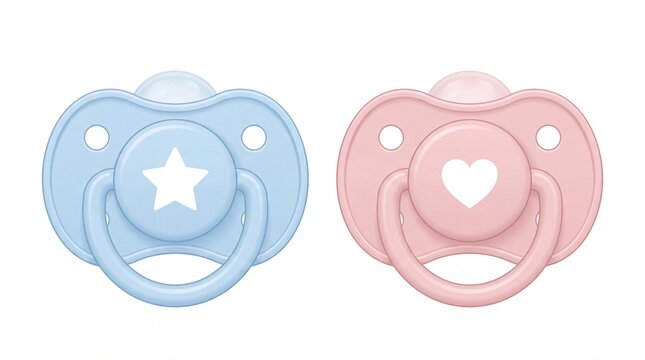 Cute blue and pink baby pacifiers with star and heart shapes on white background