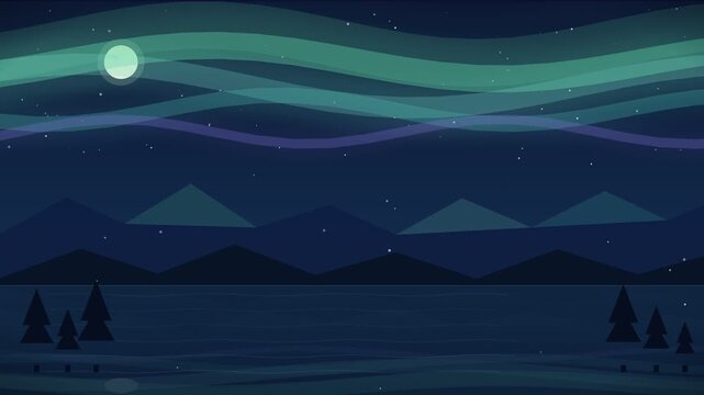 Aurora borealis over mountain lake animation with northern lights reflection on water starry night sky moon and falling snow flat winter landscape