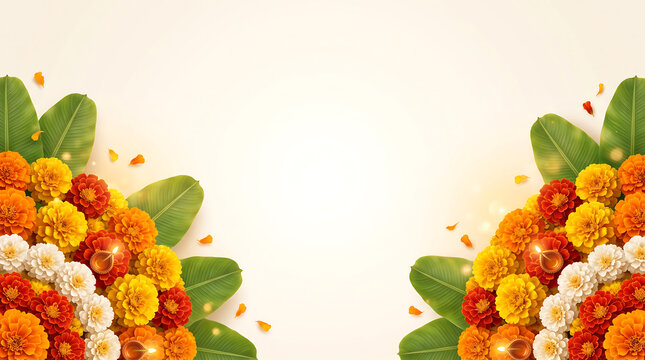 Marigold flower arrangements and oil lamps on a light background