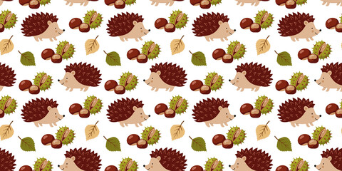 Autumn seamless pattern with cute hedgehogs chestnuts and fall leaves on white background vector illustration © Nadiia Lehkobyt