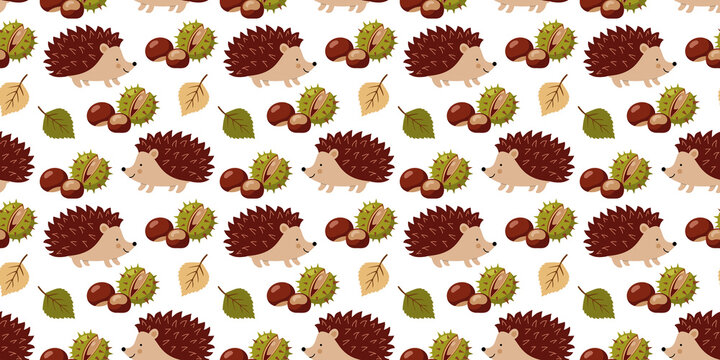Autumn seamless pattern with cute hedgehogs chestnuts and fall leaves on white background vector illustration