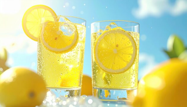 Sparkling lemonade 3D Illustration on a refreshing summer background