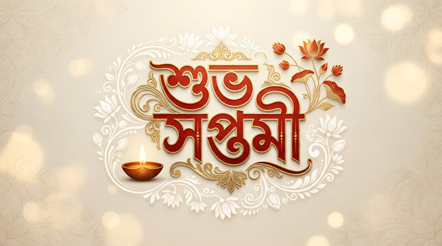 Shubho Saptami Durga Puja Greeting with Bokeh Light.