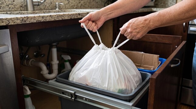 Hands placing a tied white garbage bag into an open pull out kitchen waste bin beneath a sink with plumbing and wooden cabinetry visible