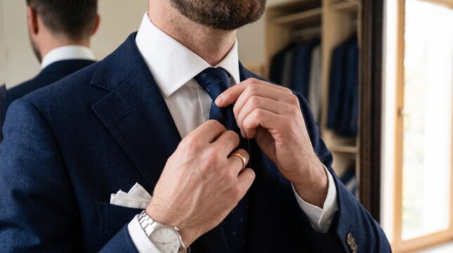 Bearded man adjusting navy tie while wearing tailored suit with pocket square and wristwatch near mirror and open wardrobe at home