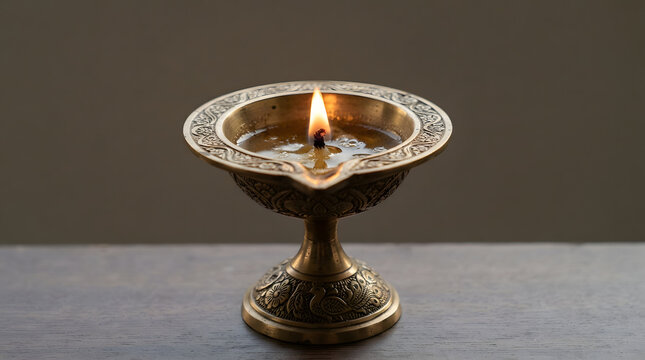Traditional Brass Diya Lamp Burning for Diwali Puja.
