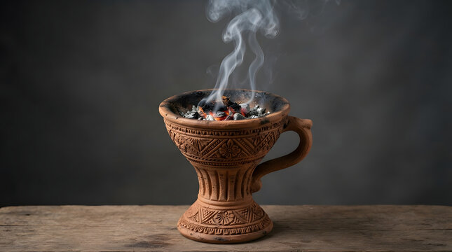 Traditional Clay Dhunuchi Incense Burner with Smoke.
