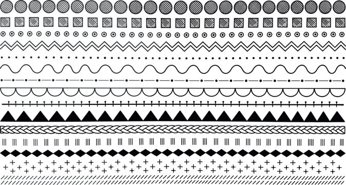 Set of decorative hand drawn geometric divider border lines patterns isolated on white background for vintage design accents