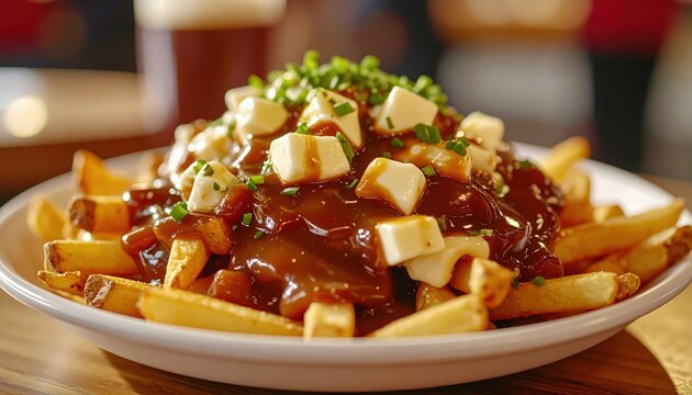 3D Illustration of Canadian style poutine with crispy fries, rich gravy, and melted cheese curds served at a casual food market.