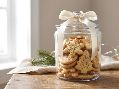 Close Up Festive Christmas Cookies in Glass Jar with Ribbon