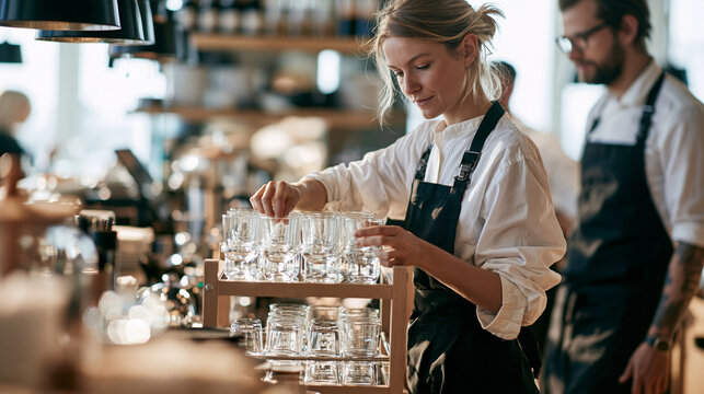 An adult hospitality worker places clean glasses on the outgoing shelf of a two-way beverage service station in a boutique hotel breakfast area while an adult supervisor observes