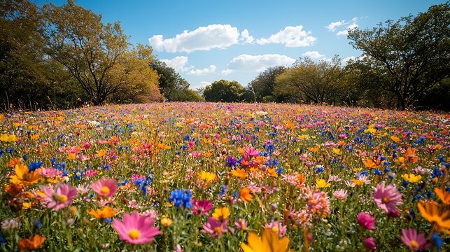 Vibrant Field of Colorful Spring Wildflowers with Trees and Blue Sky Background