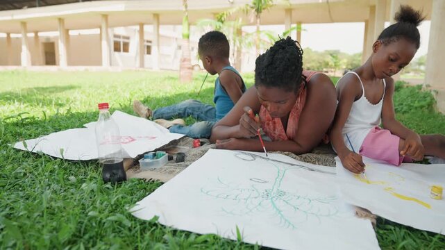 Family members engage in creative drawing session outdoors on grass. woman assists two young girls who are painting while another boy draws nearby. Art supplies like paint bottles