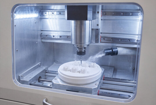 Automated Dental Milling Machine Carving Prosthetic Crown With Coolant Spray