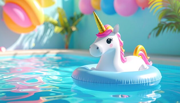 3D Illustration of a white unicorn pool float decorated with a golden horn drifting through a colorful children swimming pool.