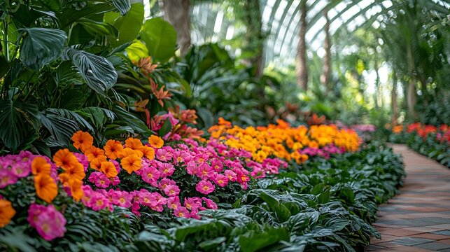 Lush Botanical Garden with Colorful Flower Beds and Tropical Greenery