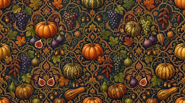 Seamless pattern with orange pumpkins and intricate dark floral ornaments for autumn harvest and halloween background design