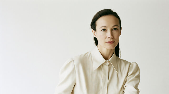Confident woman in cream blouse portrait against white background