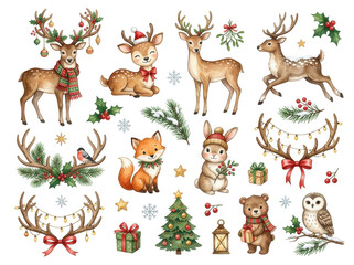 Fototapeta premium Watercolor Christmas collection featuring cute woodland animals and festive holiday elements