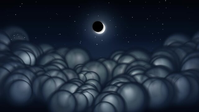 Night sky with partial solar eclipse over clouds and stars