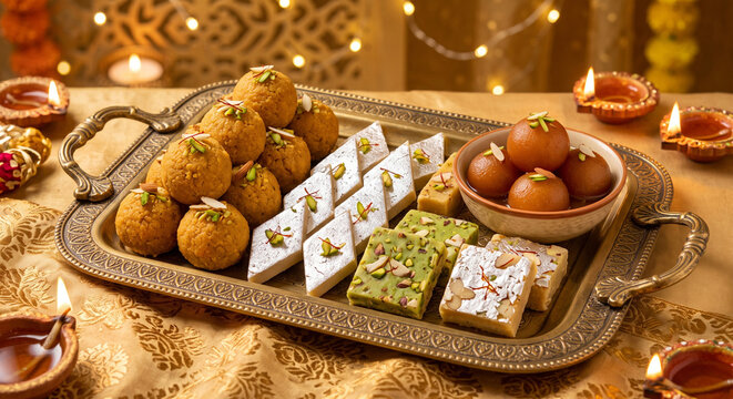 Royal Tray with Assorted Indian Sweets (Laddoo, Barfi, Gulab Jamun)