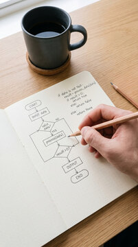 Top View of Person Drawing Software Logic Flowchart on Desk