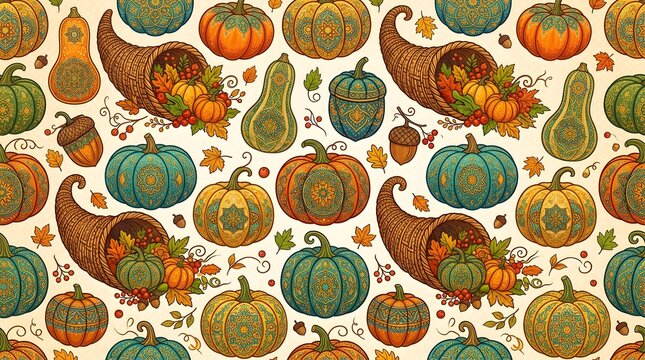 Seamless pattern with watercolor pumpkins and decorative paisley elements for autumn harvest and thanksgiving holiday background design