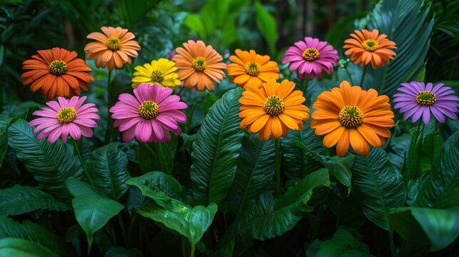 Vibrant Colorful Zinnias and Daisies Blooming in a Lush Green Garden Backdrop