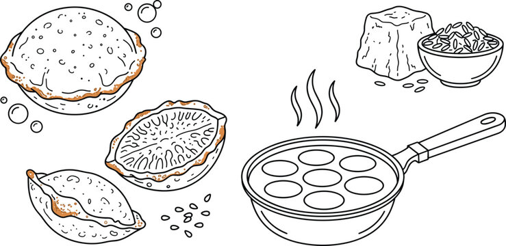Traditional South Indian breakfast food sketch set with idli kozhukattai paniyaram pan jaggery and rice bowl vector illustration