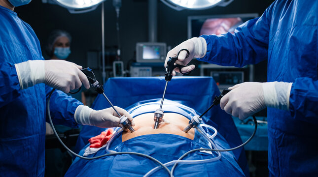 Surgeons performing laparoscopic surgery in operating room, minimally invasive procedure and healthcare technology
