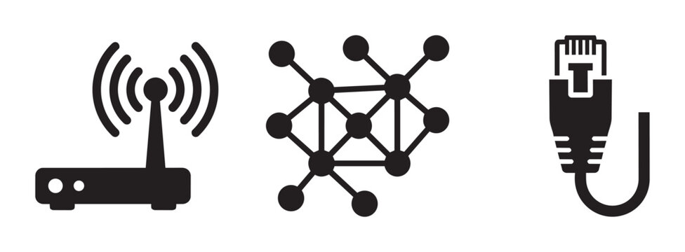 Network icons set with router, connection and ethernet cable for technology