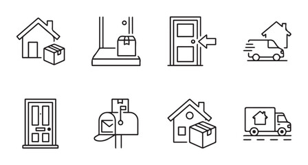 Fototapeta premium Delivery and moving icons set with house, package, door and van for logistics