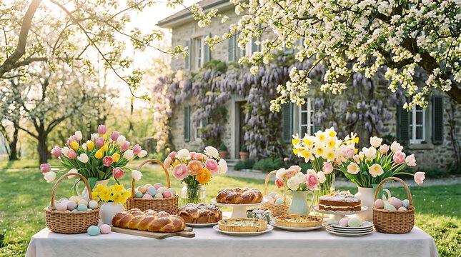 A beautifully decorated outdoor table set for an easter brunch celebration with spring flowers cakes and colorful eggs in a garden