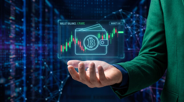 Man's hand holding holographic cryptocurrency wallet with trading chart, digital finance management and blockchain technology