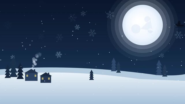 Santa Claus flying over snowy village on Christmas Eve with full moon