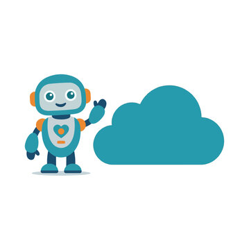 Cute cartoon robot vector illustration standing next to a blue cloud shape for chatbot technology and cloud computing