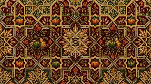 Intricate traditional moroccan geometric tile pattern featuring deep red and gold colors with complex star and polygon shapes