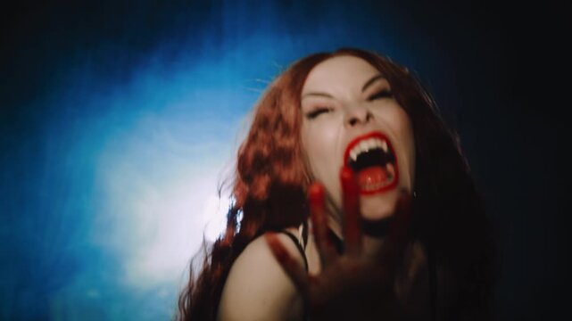 portrait fantasy vampire girl screams growls hisses shows sharp white teeth fangs lips beauty face. hand in blood holding red rose flower sexy beauty gothic woman. holiday make-up dark blue night room
