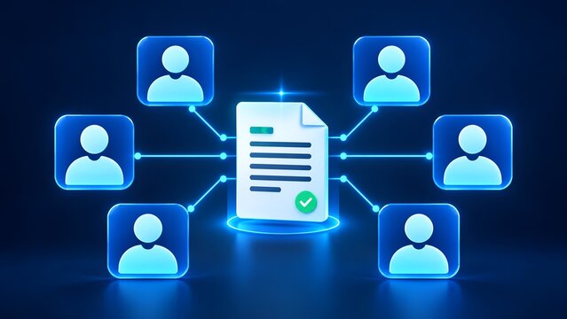 Digital document workflow concept showing central glowing file with approved checkmark connected to multiple user profile icons