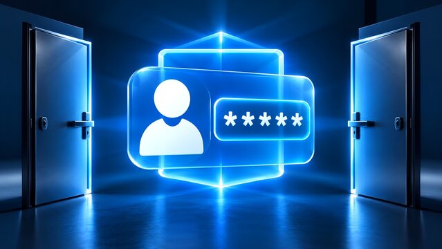 Secure digital access concept featuring glowing user authentication interface with password entry between open physical doors