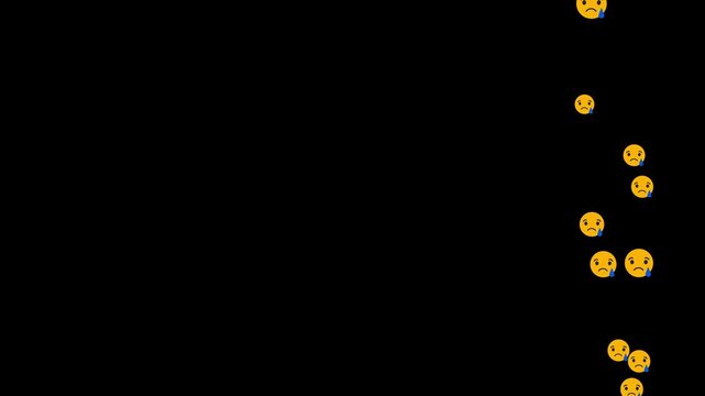 Crying sad face and weeping emoticons floating upwards streaming overlay animation loop on dark black background 4K