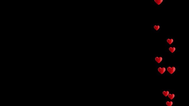 Floating red hearts love reactions streaming overlay animation loop on dark black background 4K