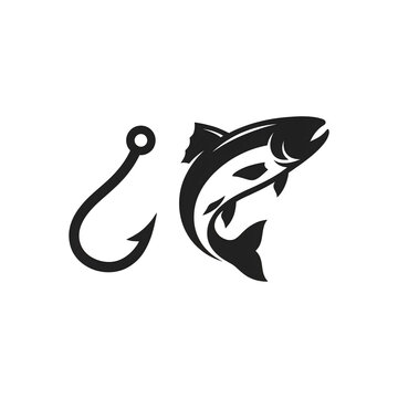 Fish and Fishing Hook Vector Icon Set Isolated on White Background for Sport Fishing Branding