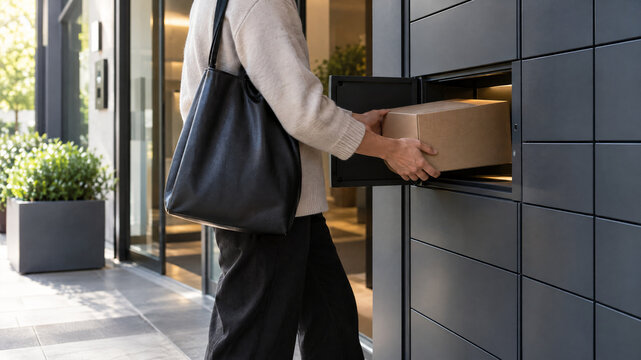 Modern smart locker parcel delivery service, person retrieving cardboard box package from automated mail locker post box