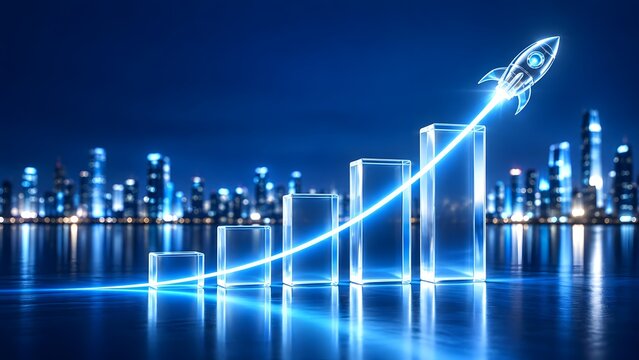 Transparent glass bar graph with an upward trending line and a glowing rocket launching against a blurred blue cityscape for business momentum