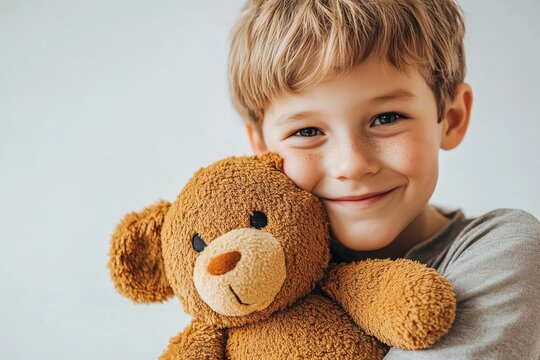 selective focus loving child with warm smile hugging a plush toy